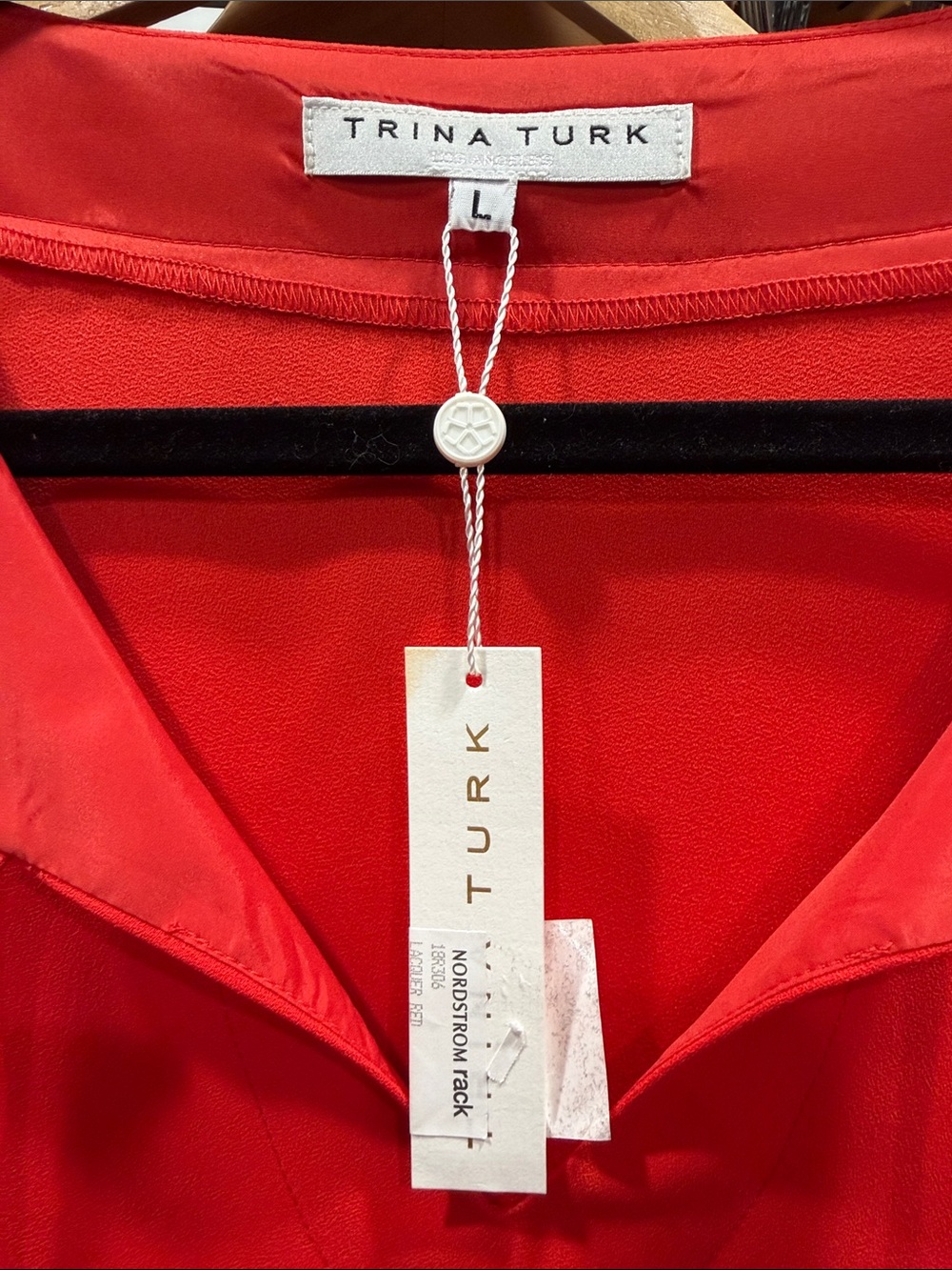 Trina Turk Vibrant Red Midi Dress with Tie-Neck and Ruffle Sleeves